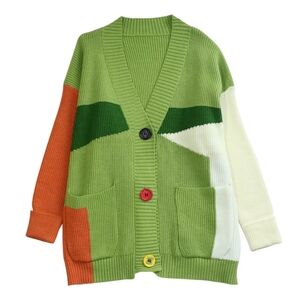 Oversized Color Block Cardigan With Colorful Big Buttons